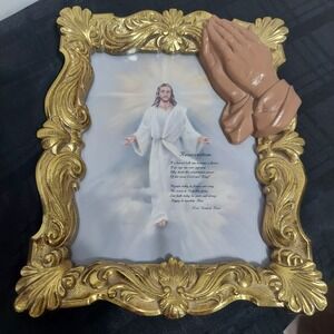 Resurrection of‎ JESUS CHRIST Praying Hands, Gold Frame & Poem 10 X 13